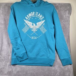 Armor Jeans Men's XL Teal Hoodie Pullover Sweatshirt Eagle Flags USA Graphic NWT